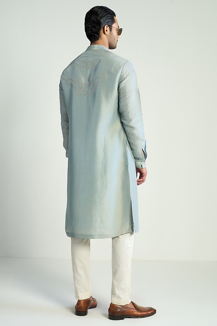 Light Blue Tissue Embroidered Kurta by Antar Agni Men at Pernia's Pop Up Shop