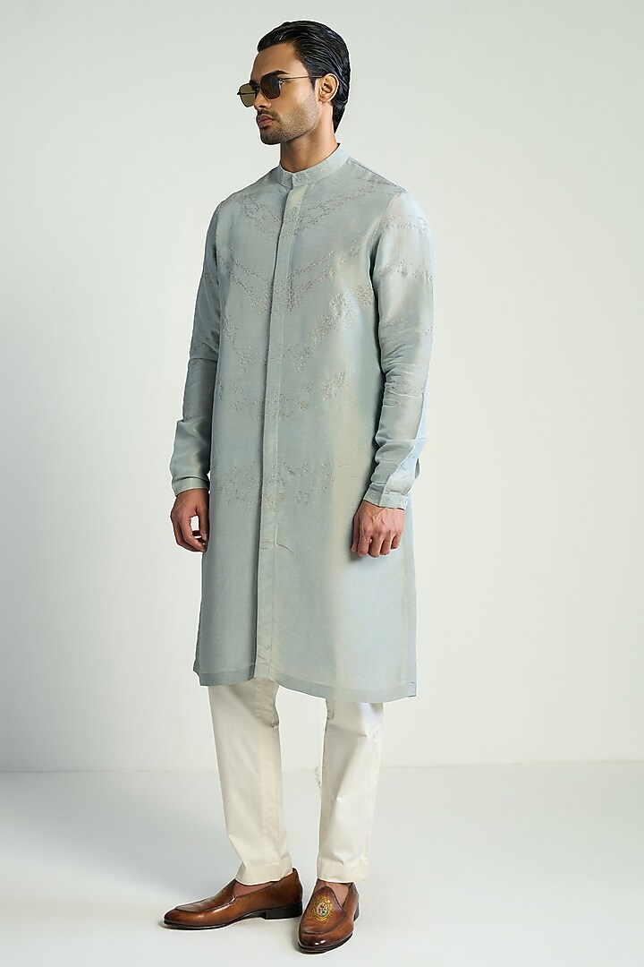 Light Blue Tissue Embroidered Kurta by Antar Agni Men at Pernia's Pop Up Shop
