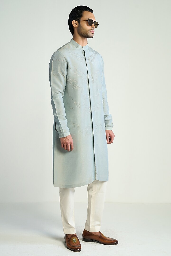 Light Blue Tissue Embroidered Kurta by Antar Agni Men at Pernia's Pop Up Shop