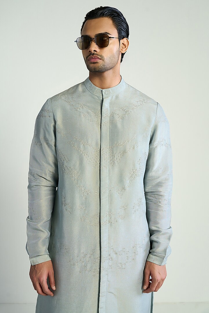 Light Blue Tissue Embroidered Kurta by Antar Agni Men at Pernia's Pop Up Shop