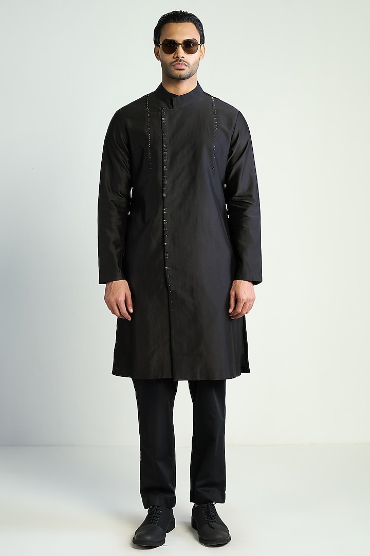 Black Cotton Silk Embellished Kurta by Antar Agni Men at Pernia's Pop Up Shop