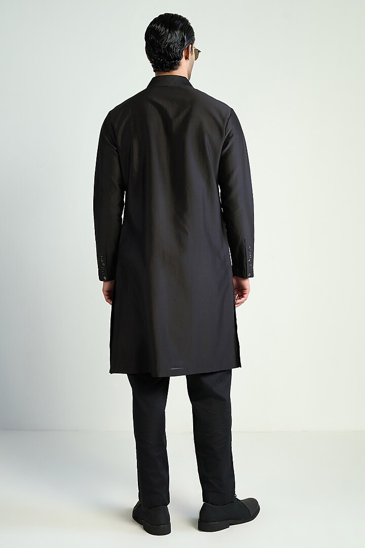 Black Cotton Silk Embellished Kurta by Antar Agni Men at Pernia's Pop Up Shop