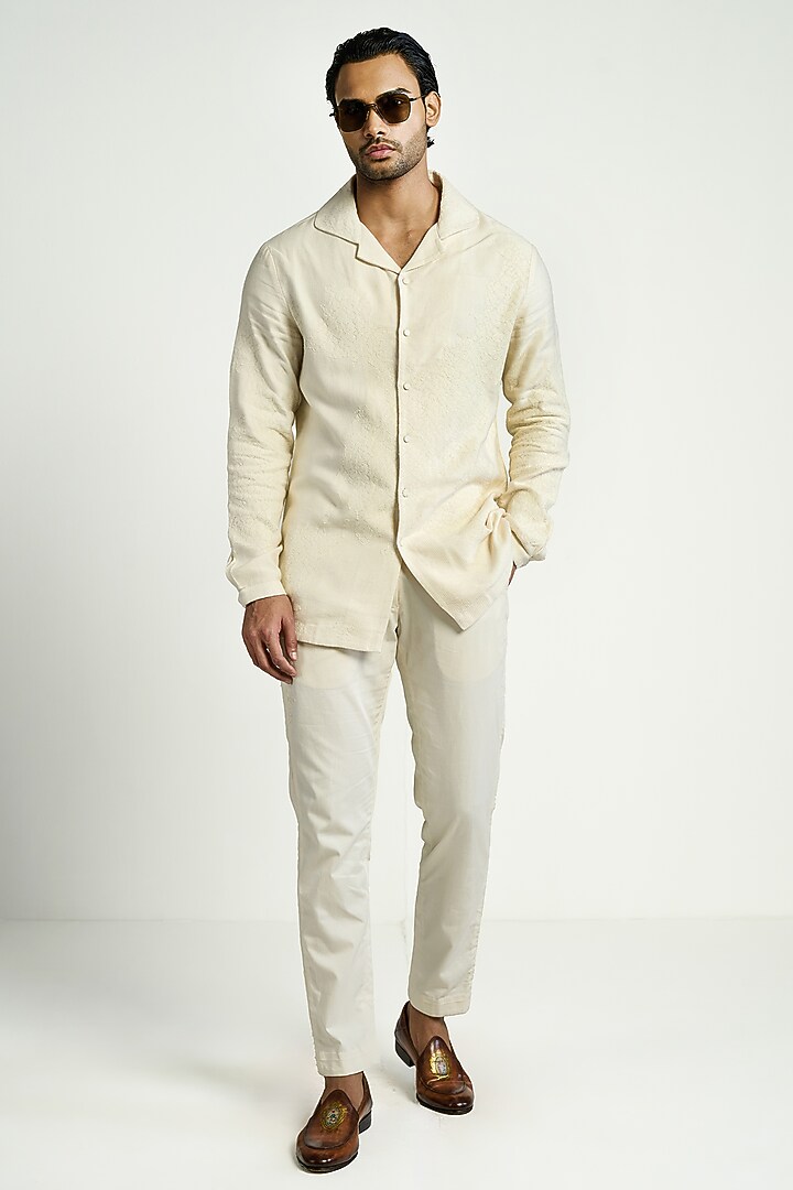 Ivory Silk Blend Embroidered Wedding Shirt by Antar Agni Men at Pernia's Pop Up Shop