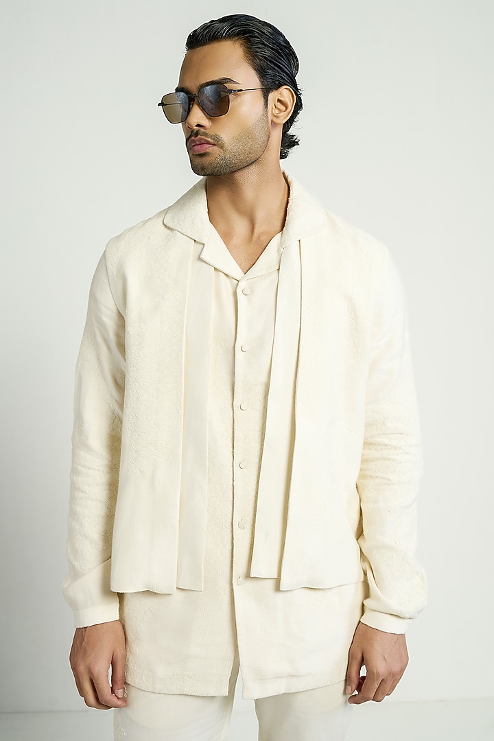 Ivory Silk Blend Embroidered Wedding Shirt by Antar Agni Men at Pernia's Pop Up Shop