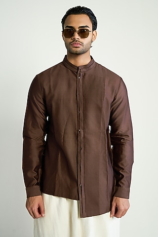 Dark Brown Cotton Silk Satin Shirt by Antar Agni Men
