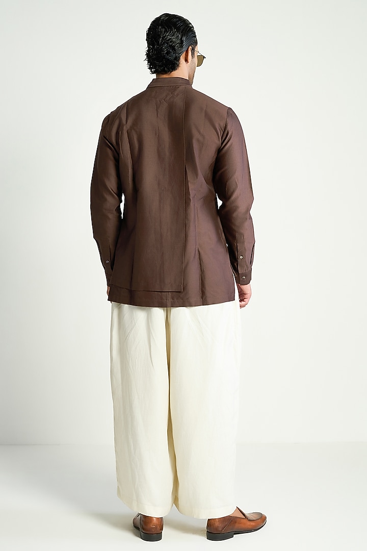 Dark Brown Cotton Silk Satin Wedding Shirt by Antar Agni Men at Pernia's Pop Up Shop