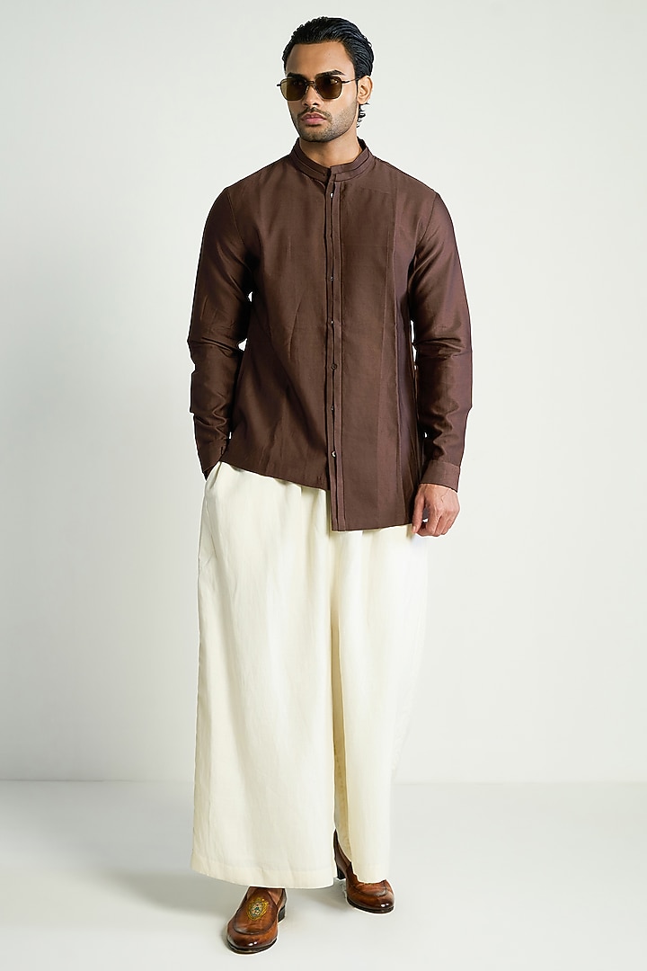 Dark Brown Cotton Silk Satin Wedding Shirt by Antar Agni Men at Pernia's Pop Up Shop