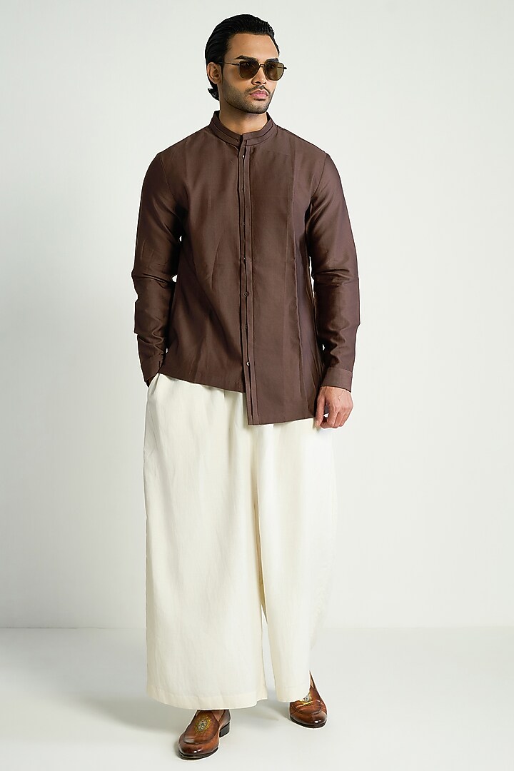 Dark Brown Cotton Silk Satin Wedding Shirt by Antar Agni Men at Pernia's Pop Up Shop