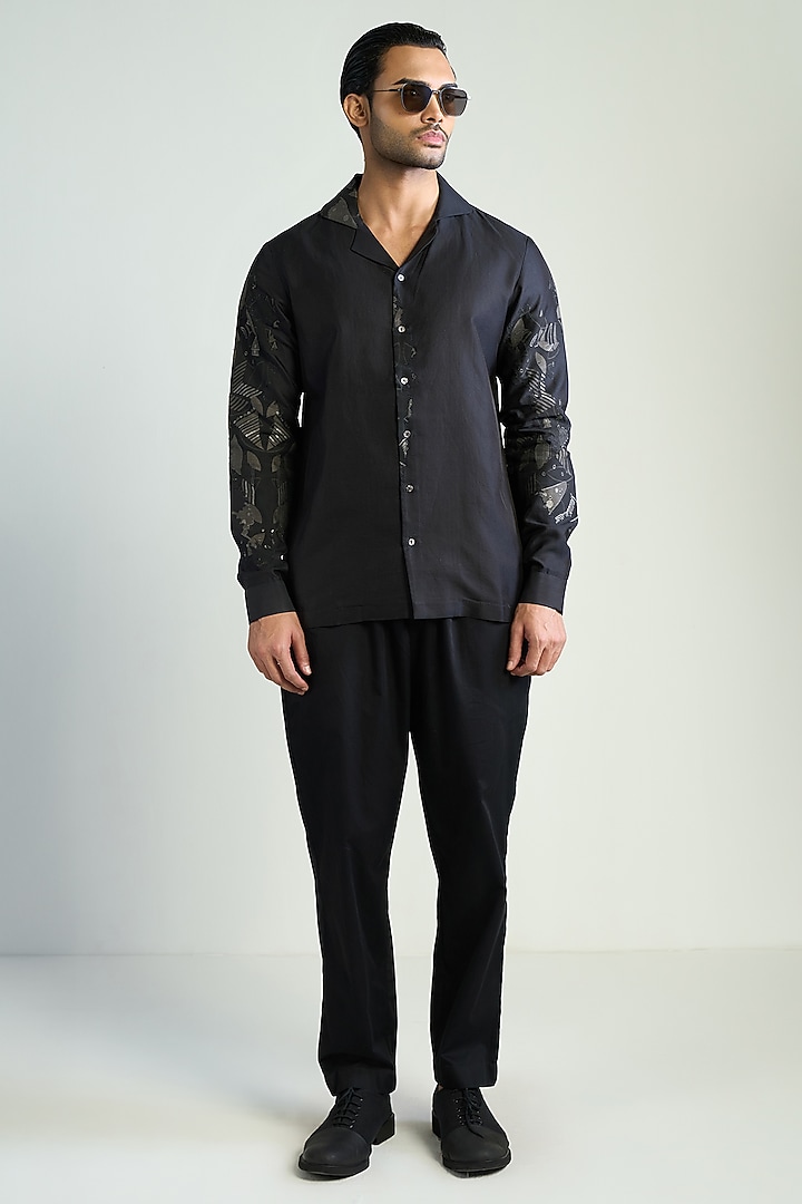Black Cotton Silk sagar Wedding Shirt by Antar Agni Men at Pernia's Pop Up Shop
