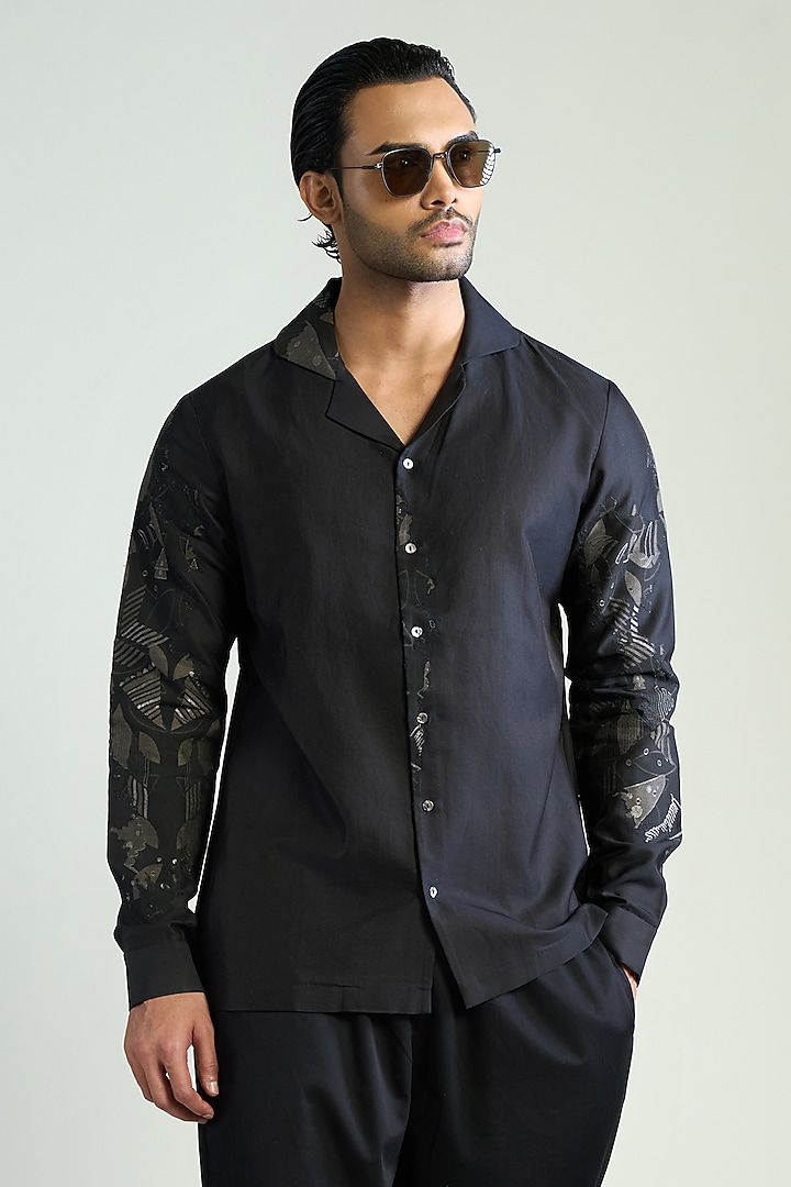 Black Cotton Silk Wedding Shirt by Antar Agni Men at Pernia's Pop Up Shop