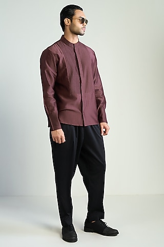 Burgundy Cotton Silk Shirt by Antar Agni Men