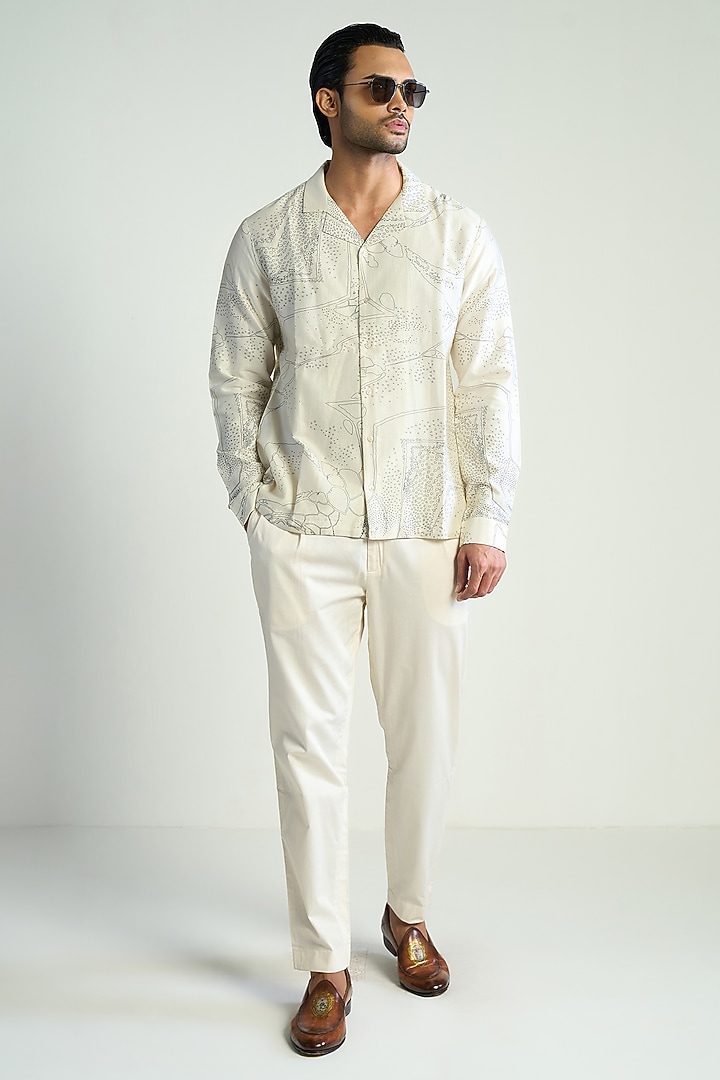 Ivory Cotton Silk Printed Wedding Shirt by Antar Agni Men at Pernia's Pop Up Shop
