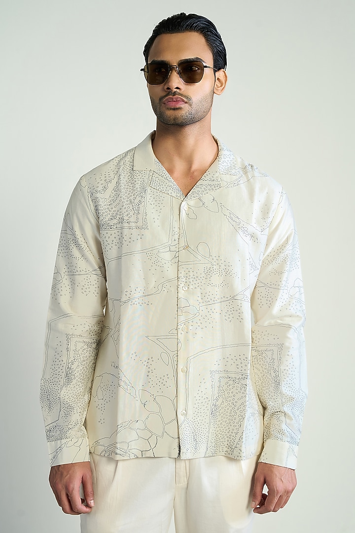 Ivory Cotton Silk Printed Wedding Shirt by Antar Agni Men at Pernia's Pop Up Shop