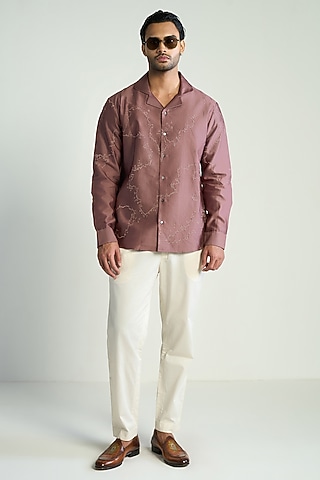 Onion Pink Cotton Silk Satin Embroidered Shirt by Antar Agni Men
