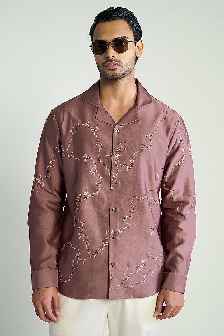 Onion Pink Cotton Silk Satin Embroidered Wedding Shirt by Antar Agni Men at Pernia's Pop Up Shop