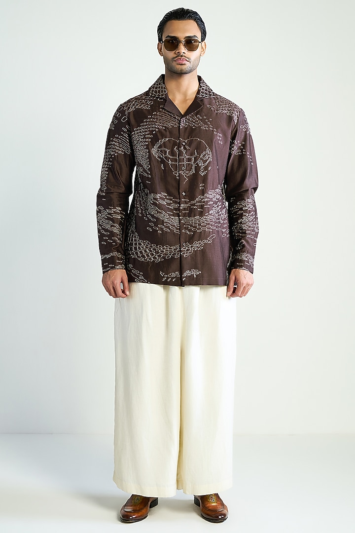 Brown Cotton Silk Embroidered Wedding Shirt by Antar Agni Men at Pernia's Pop Up Shop