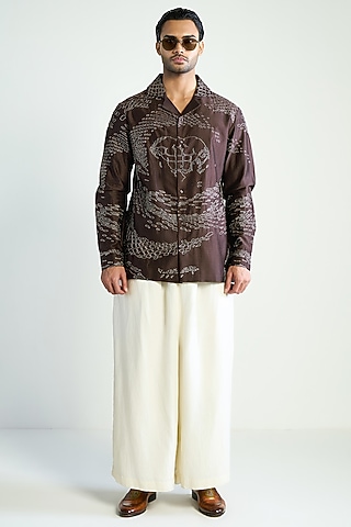 Brown Cotton Silk Embroidered Shirt by Antar Agni Men