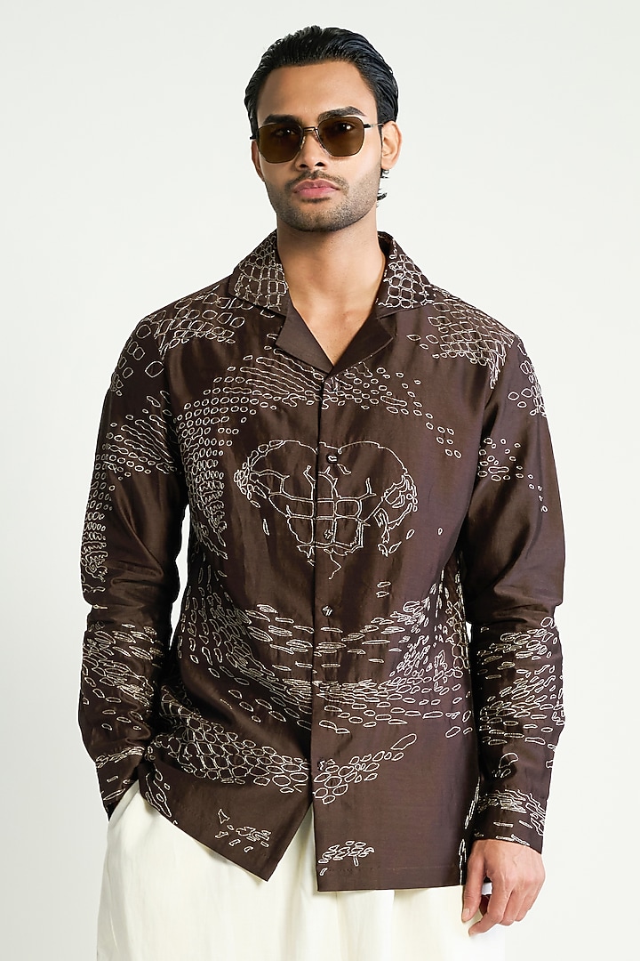 Brown Cotton Silk Embroidered Wedding Shirt by Antar Agni Men at Pernia's Pop Up Shop