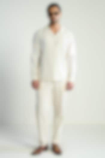 Ivory Cotton Silk Satin Embroidered Wedding Shirt by Antar Agni Men at Pernia's Pop Up Shop