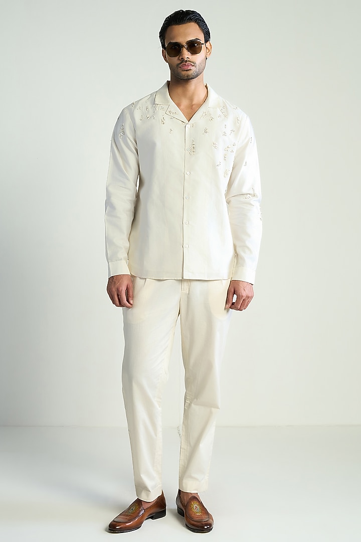 Ivory Cotton Silk Satin Embroidered Wedding Shirt by Antar Agni Men at Pernia's Pop Up Shop