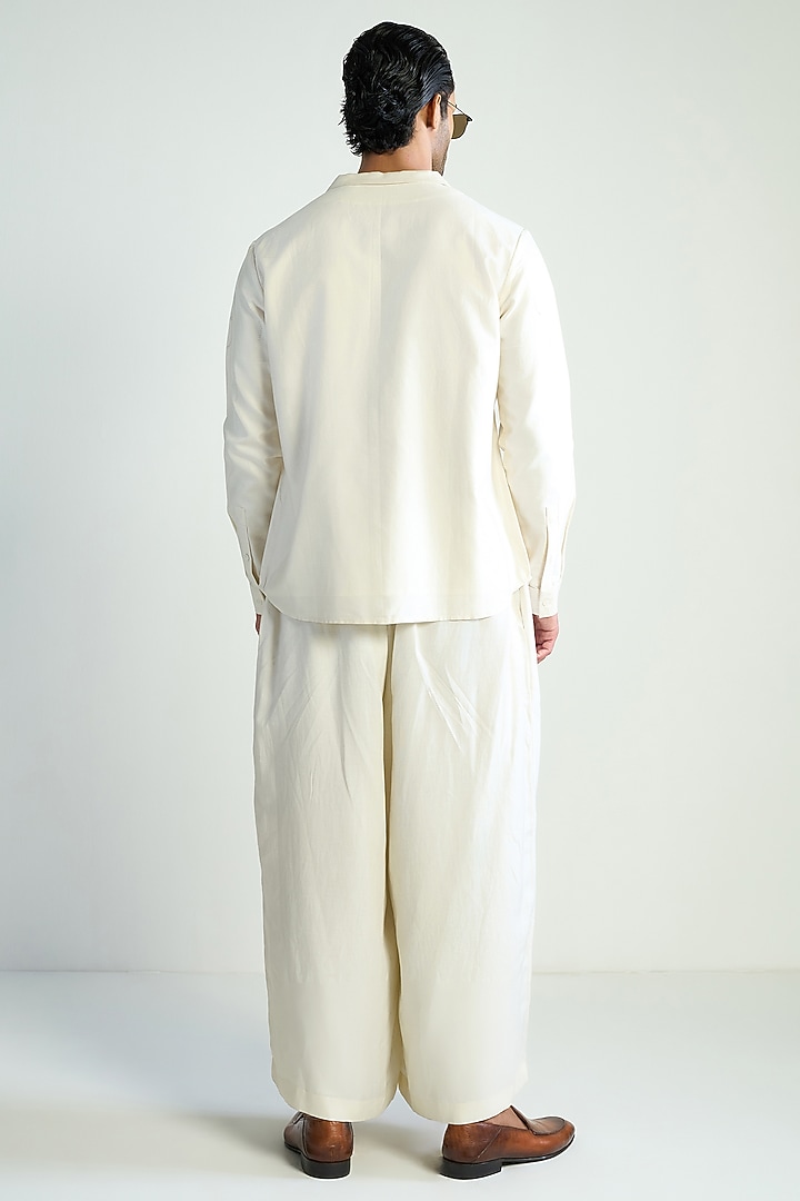 Ivory Cotton Silk Satin Embroidered Wedding Shirt by Antar Agni Men at Pernia's Pop Up Shop