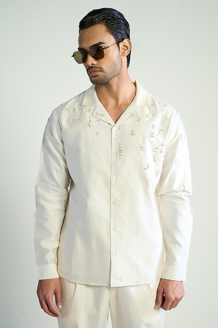Ivory Cotton Silk Satin Embroidered Wedding Shirt by Antar Agni Men at Pernia's Pop Up Shop