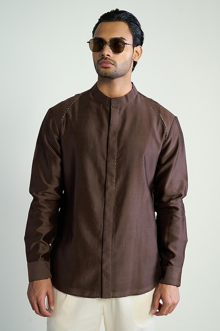 Dark Brown Cotton Silk Embellished Wedding Shirt by Antar Agni Men at Pernia's Pop Up Shop