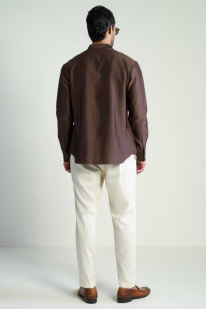 Dark Brown Cotton Silk Embellished Wedding Shirt by Antar Agni Men at Pernia's Pop Up Shop