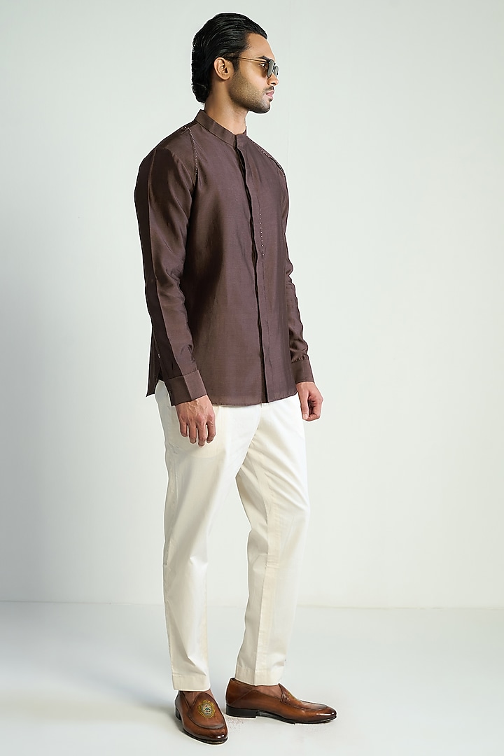Dark Brown Cotton Silk Embellished Wedding Shirt by Antar Agni Men at Pernia's Pop Up Shop