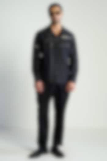Black Cotton Silk Embroidered sagar Wedding Shirt by Antar Agni Men at Pernia's Pop Up Shop