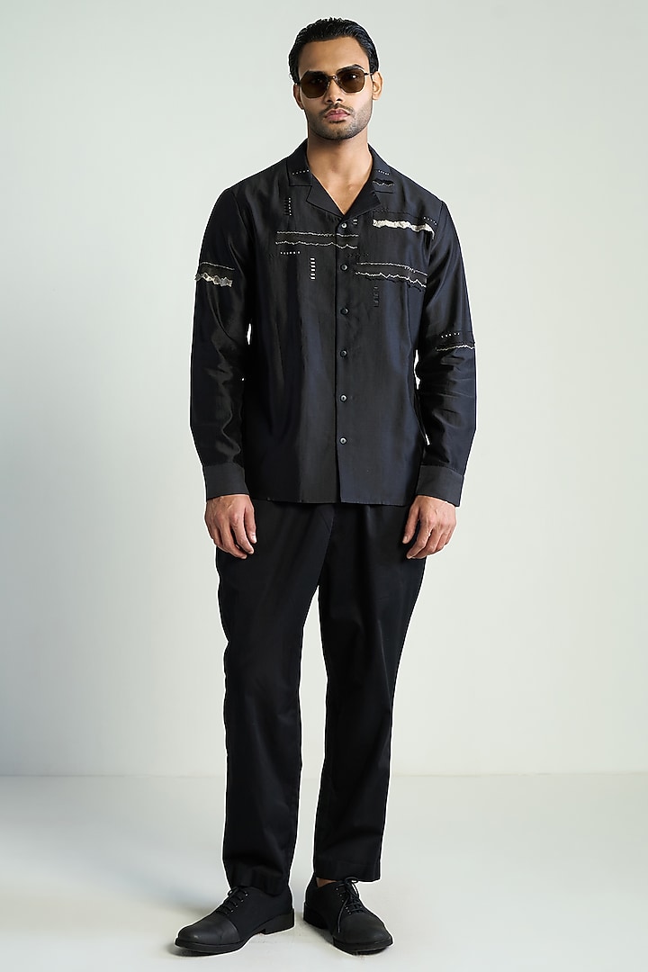 Black Cotton Silk Embroidered sagar Wedding Shirt by Antar Agni Men at Pernia's Pop Up Shop