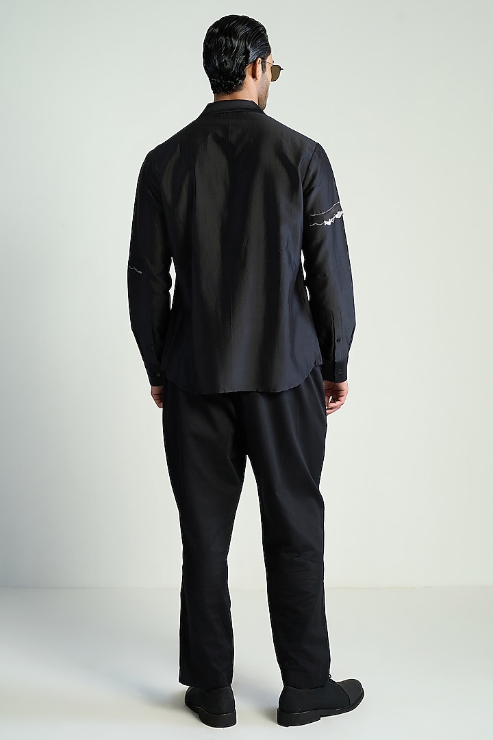Black Cotton Silk Embroidered Wedding Shirt by Antar Agni Men at Pernia's Pop Up Shop
