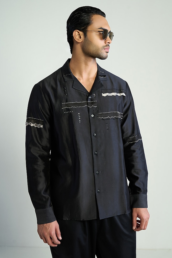 Black Cotton Silk Embroidered Wedding Shirt by Antar Agni Men at Pernia's Pop Up Shop