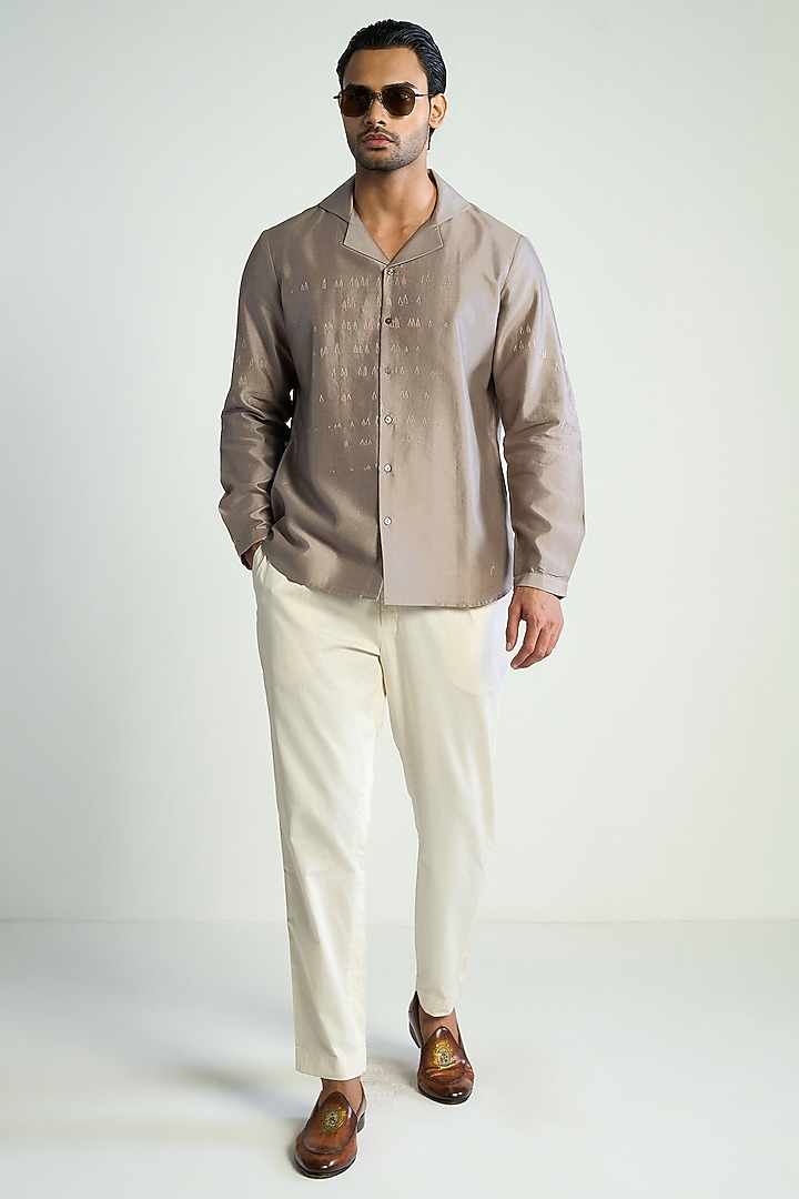 Grey Cotton Silk Embroidered Wedding Shirt by Antar Agni Men at Pernia's Pop Up Shop