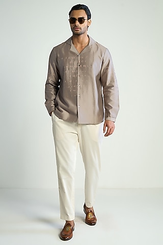 Grey Cotton Silk Embroidered Shirt by Antar Agni Men