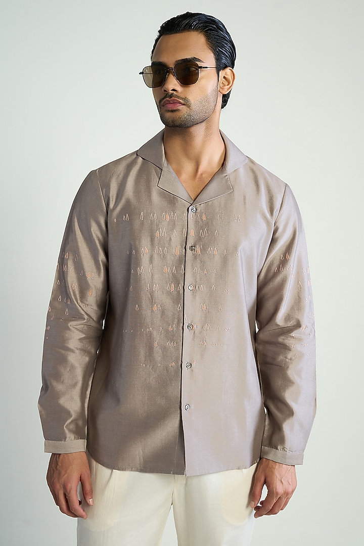 Grey Cotton Silk Embroidered Wedding Shirt by Antar Agni Men at Pernia's Pop Up Shop