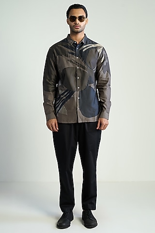 Grey Cotton Silk Shirt by Antar Agni Men