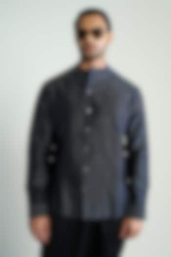 Dark Navy Blue Cotton Silk Embroidered Wedding Shirt by Antar Agni Men at Pernia's Pop Up Shop