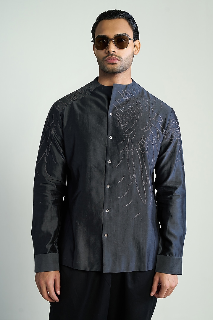 Dark Navy Blue Cotton Silk Embroidered Wedding Shirt by Antar Agni Men at Pernia's Pop Up Shop