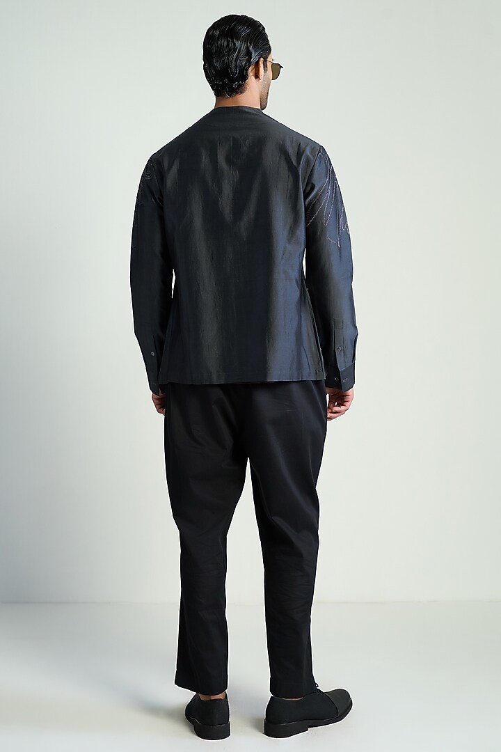 Dark Navy Blue Cotton Silk Embroidered Wedding Shirt by Antar Agni Men at Pernia's Pop Up Shop