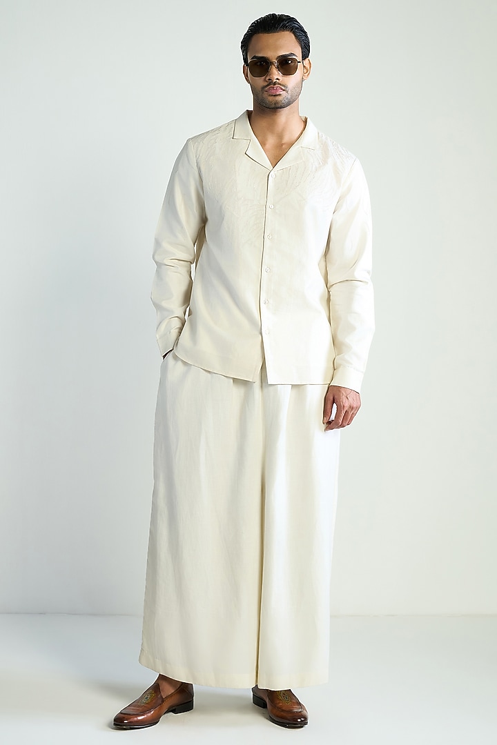 Ivory Cotton Silk Embellished Wedding Shirt by Antar Agni Men at Pernia's Pop Up Shop