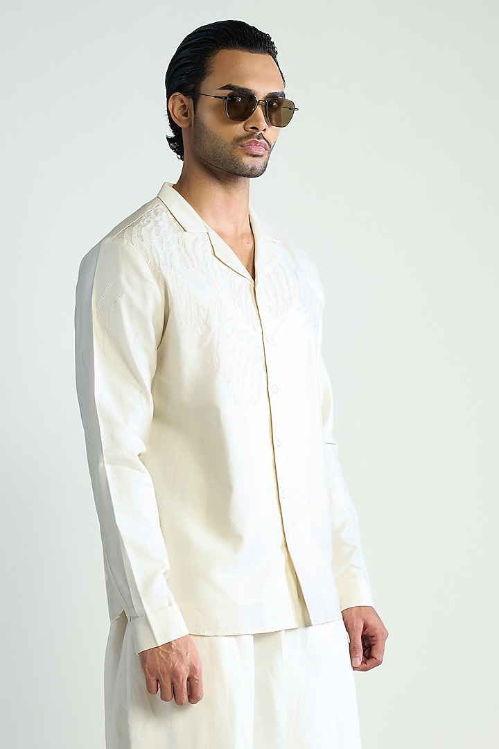 Ivory Cotton Silk Embellished Wedding Shirt by Antar Agni Men at Pernia's Pop Up Shop