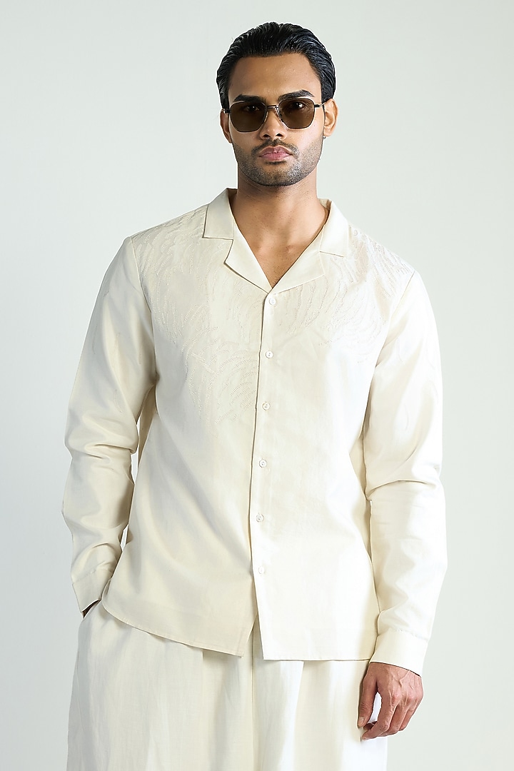 Ivory Cotton Silk Embellished Wedding Shirt by Antar Agni Men at Pernia's Pop Up Shop