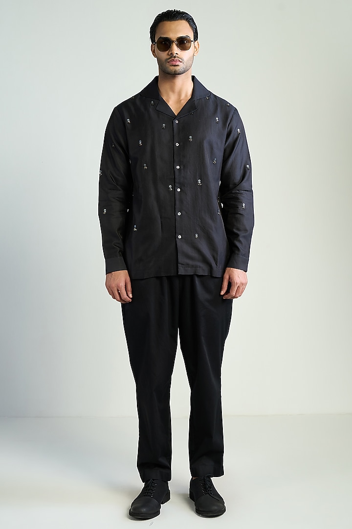 Black Silk Satin Embellished Wedding Shirt by Antar Agni Men at Pernia's Pop Up Shop
