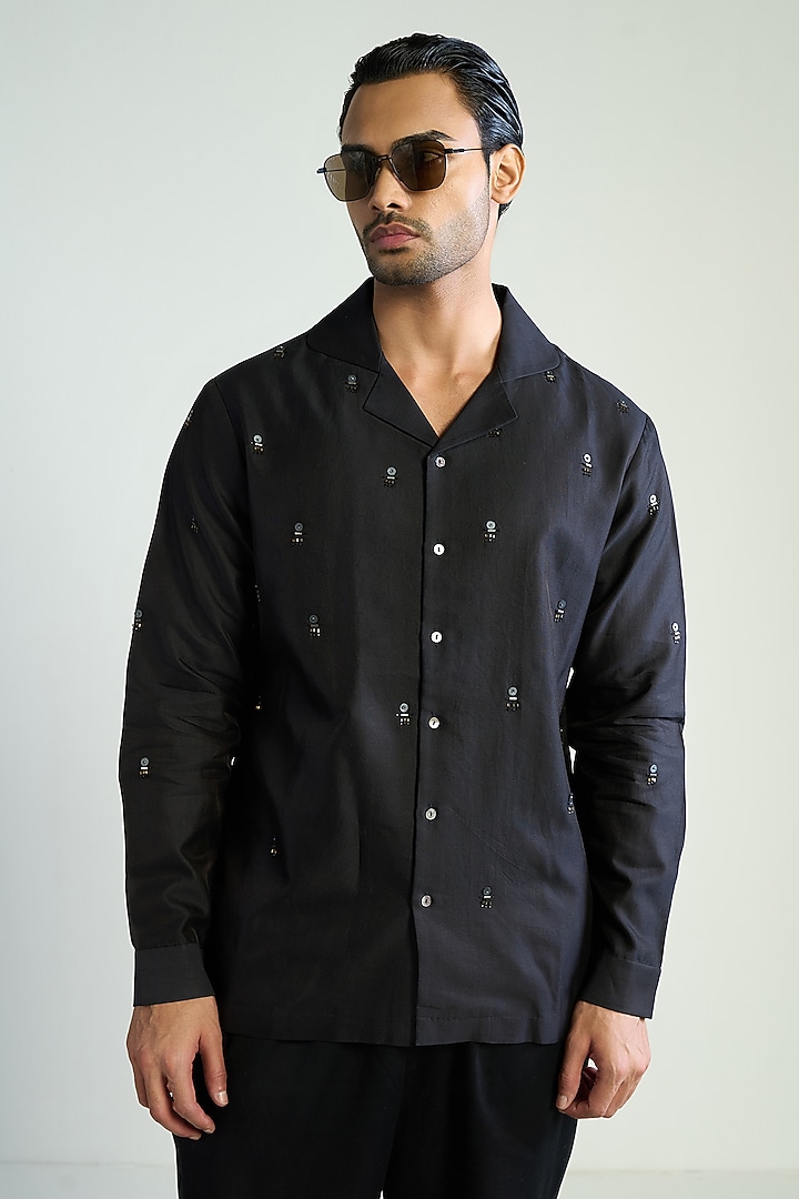 Black Silk Satin Embellished Wedding Shirt by Antar Agni Men at Pernia's Pop Up Shop