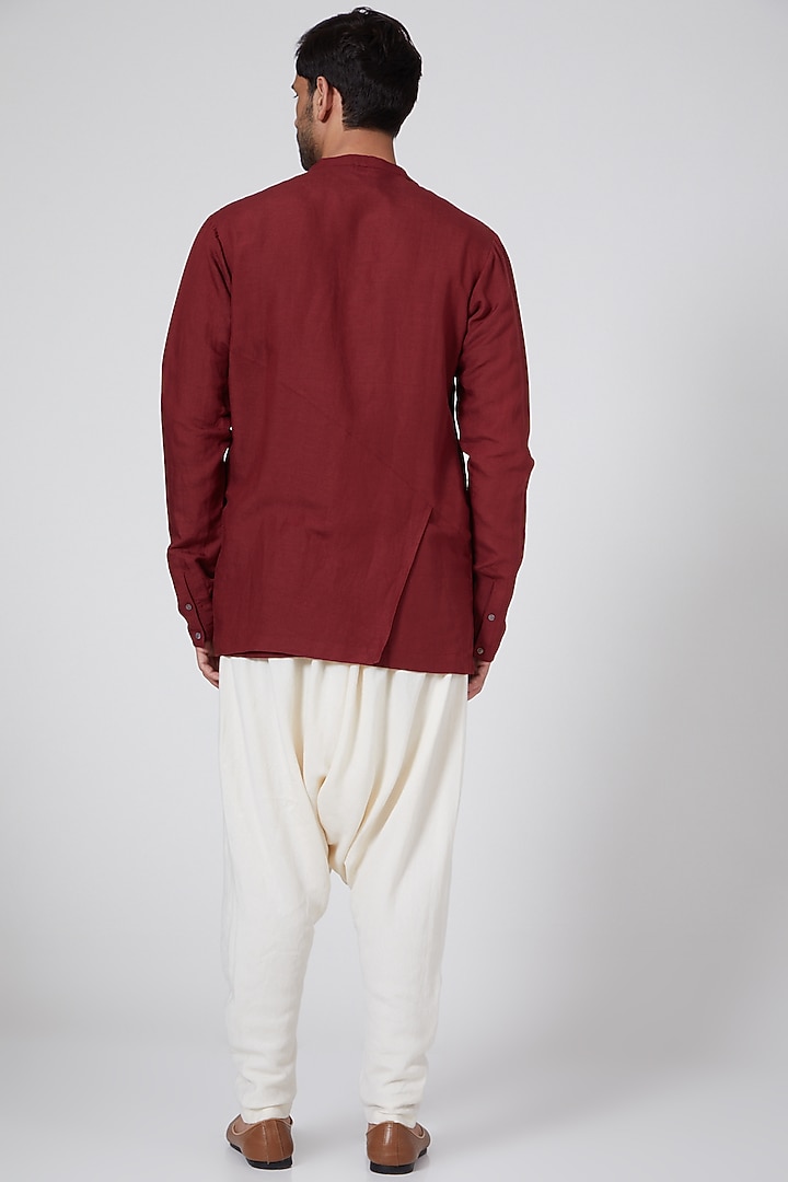 Maroon Wedding Shirt With Pleated Drape by Antar Agni Men at Pernia's Pop Up Shop