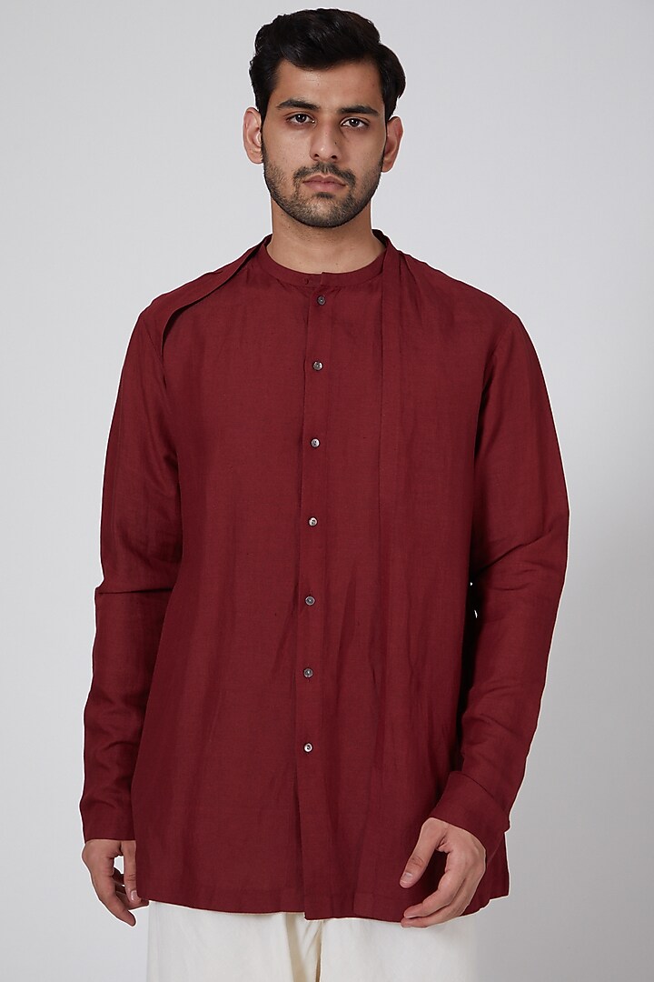 Maroon Wedding Shirt With Pleated Drape by Antar Agni Men at Pernia's Pop Up Shop