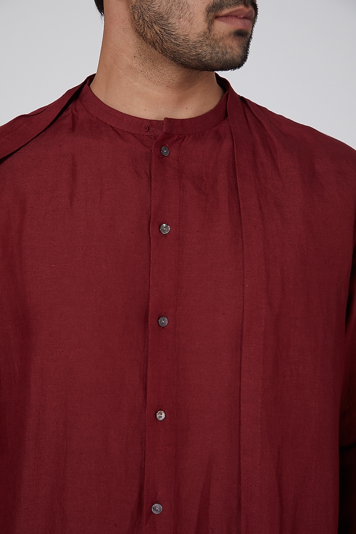Maroon Wedding Shirt With Pleated Drape by Antar Agni Men at Pernia's Pop Up Shop