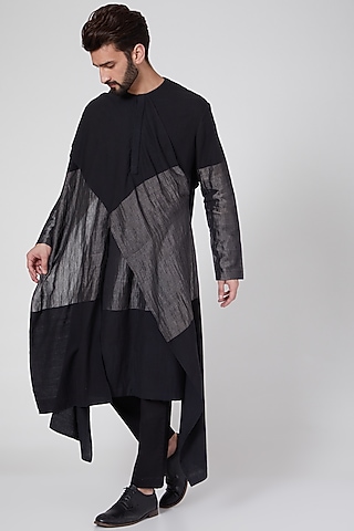 Black Zari Draped Kurta by Antar Agni Men