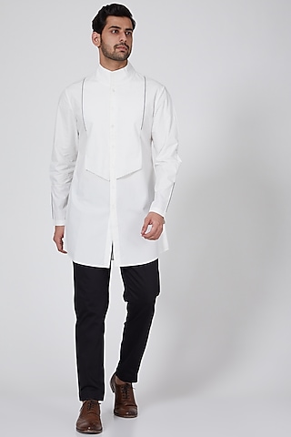 White Layered Kurta With Mandarin Collar by Antar Agni Men
